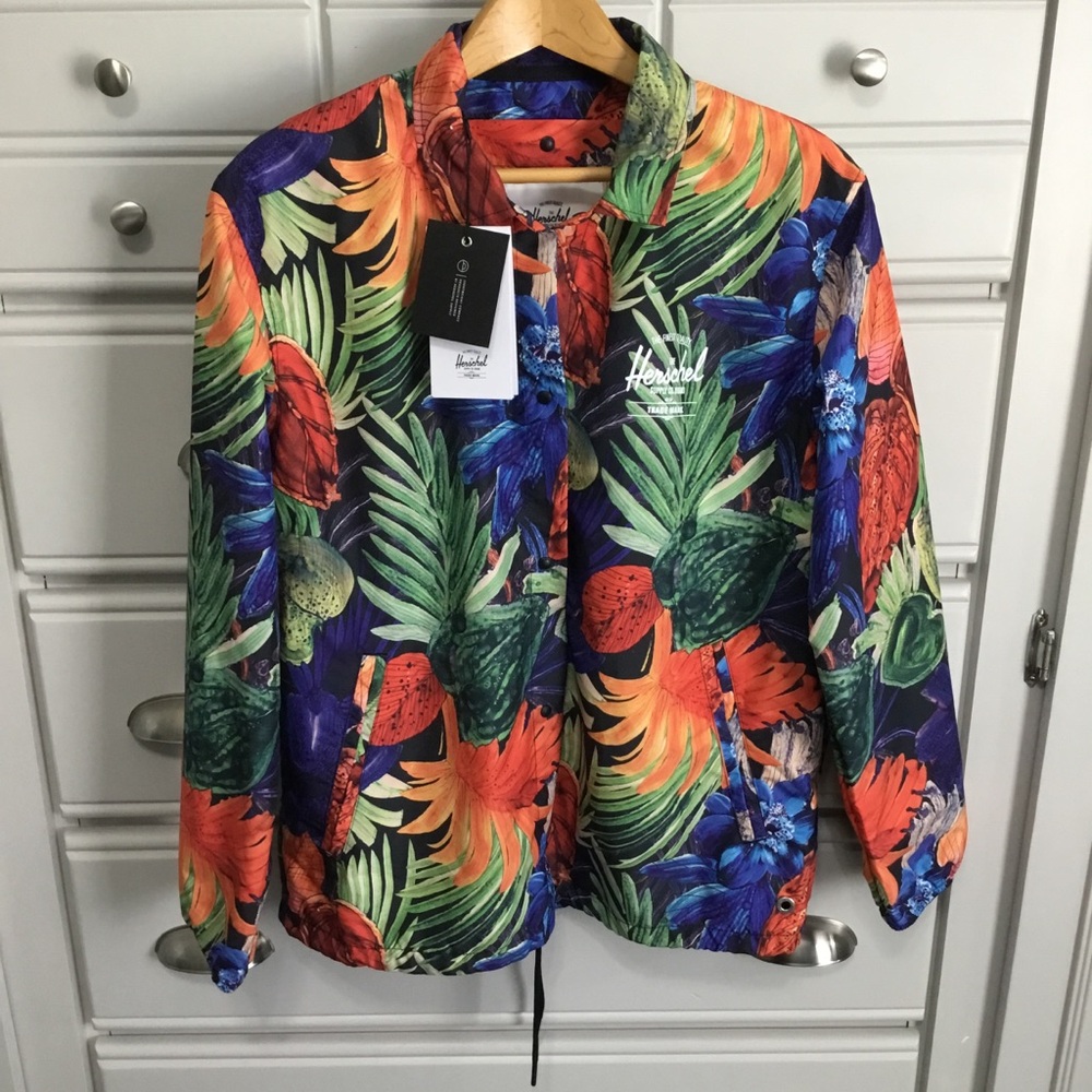 NWT HERSCHEL VOYAGE COACH Tropical Print Rip Stop Snap Up Windbreaker Small